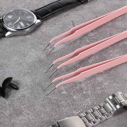 9 Pcs Precision Tweezers, Stainless Steel Craft Tweezers for Crafting, Curved Tweezer Multipurpose Pointed Long Tweezer for Crafting DIY Bead Jewelry Making, Scrapbooking, Crafts, Nail Art (Pink)