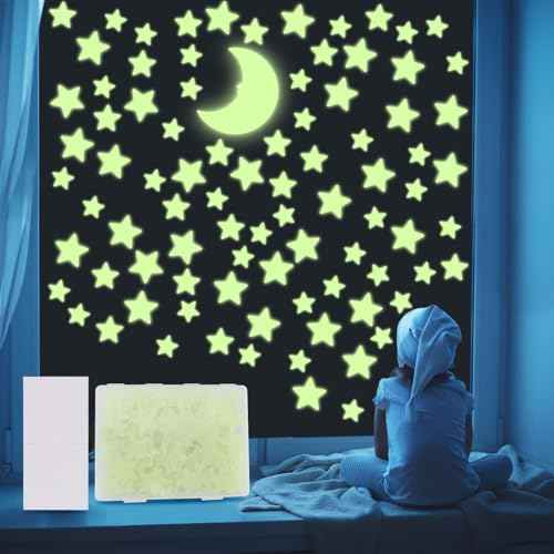 201 Glow in The Dark Stars for Ceiling with Moon, 3 Sizes of Glowing Stars Stickers Kit for Kids Bedroom, Christmas Stocking Stuffers, Wall Decals, Room D?cor