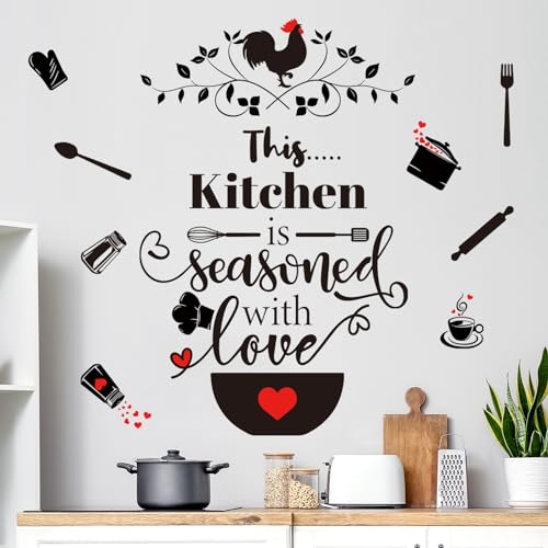 decalmile Kitchen Wall Decal Quotes This Kitchen is Seasoned with Love Black Kitchen Utensil Wall Letter Stickers Living Room Dinning Hall Home Wall Decor