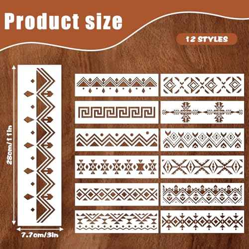 12 Pcs Boho Borders Pattern Stencil, Reusable Aztec Stencils for Painting on Wood, Wall Stencils for Painting Large Pattern, Geometric Templates for Canvas, Furniture, Crafts, Home Decor