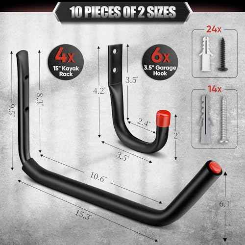 Nacial 10 Pack Garage Hooks Heavy Duty, 15" & 3.5" Kayak Storage Hooks with EVA Pads, 100LBS Capacity Large Garage Hooks for Hanging Bikes, Kayak Folding Chairs and Hanging Ladders
