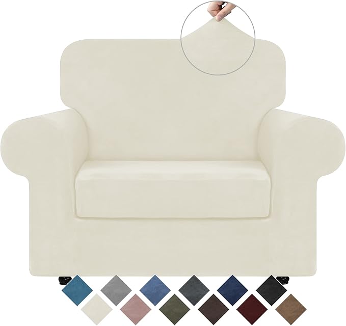 WEERRW Stretch Chair Sofa Slipcover - 2 Pieces Luxury Soft Plush Couch Cover Furniture Protector with Elastic Bottom for Pets, Machine Washable, Ivory, Small