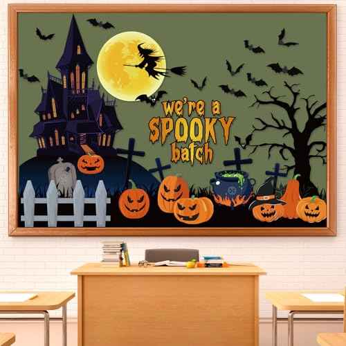 Pasimy 48 Pcs Halloween Classroom Bulletin Board Decorations 3D Halloween Bat Scary Castle Pumpkin Tree Witches Paper Cutouts We're a Spooky Batch Decor for Holiday Classroom Wall Home Office Supplies