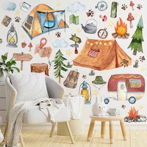 2 Sheet 64 Pcs Camping Wall Decals Stickers Adventure Theme Room Stickers Tent Camper Outdoor Wall Decals RV Bonfire Camping Decor for Classroom Kids Nursery Bedroom Home Decorations