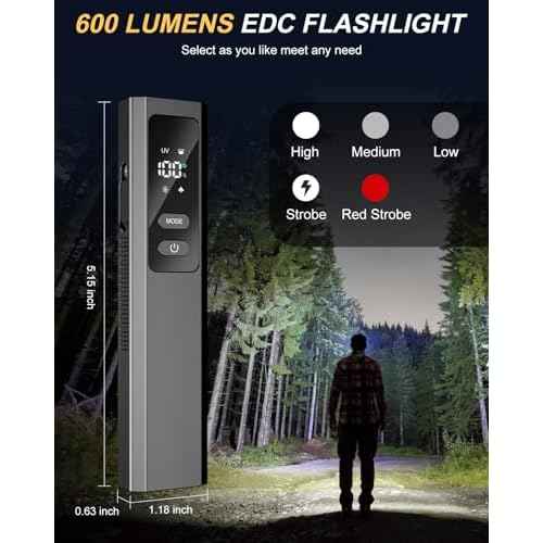 Flat EDC Flashlight Rechargeable with 4 Light Sources: Green Beam, UV Light, White LED Combo, Side Floodlight Combo, 600 Lumen Slim Small Pocket Magnetic Flashlight with Storage Case, Black