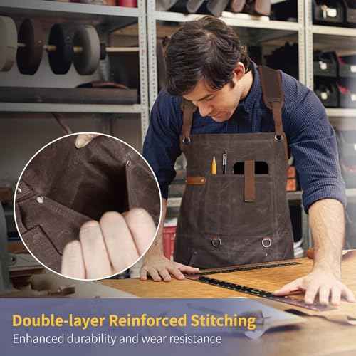 Waxed Canvas Woodworking Apron - 22oz Carpenter Apron for Men and Women, Shop Aprons with 9 Pockets & Cross Back Straps