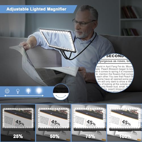 5X Hands Free Magnifying Glass with Light and Stand 43 Ultra-Bright LEDs, Page Magnifier for Reading, Neck Wear Large Magnifying Glass for Reading Small Prints Low Vision Elderly(Black)