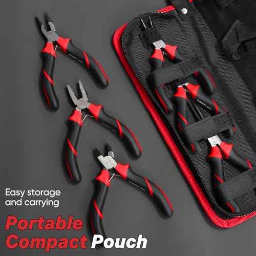 Mini Pliers Set 6Pcs - Needle Nose, Long Nose, Bent Nose, Diagonal, End Cutting and Linesman for DIY, Electronic Repairing & Jewelry with Pouch
