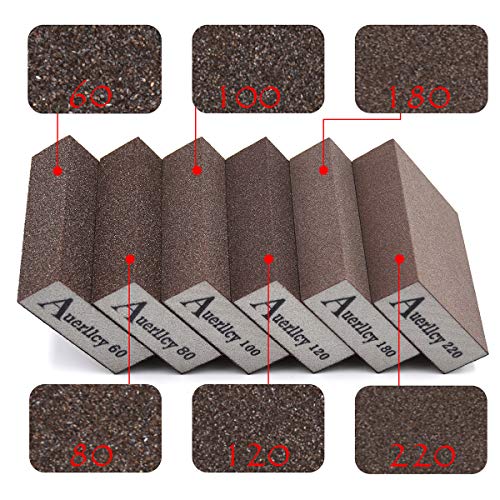 Sanding Sponge, Auerllcy 6 Pieces 60/80/100/120/180/220 Grit Sanding Blocks Assortment, Coarse/Medium/Fine. Washable and Reusable.