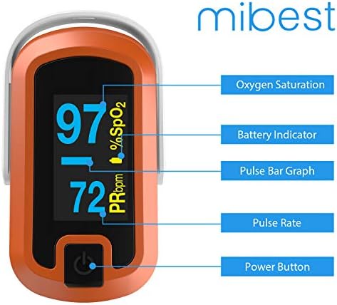 MIBEST Orange Dual Color OLED Finger Pulse Oximeter - Blood Oxygen Saturation Monitor with Color OLED Screen Display and Included Batteries - O2 Saturation Monitor