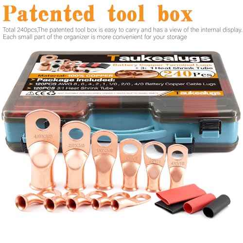 240Pcs Battery Cable Terminals Crimp Connector AWG8 4 6 2 1 1/0 2/0 4/0 Gauge 1/4 5/16 3/8 1/2 inch Copper Ring Lugs Wire Ends Assortment with 3:1 Heat Shrink Tube kit in Two-Side Box