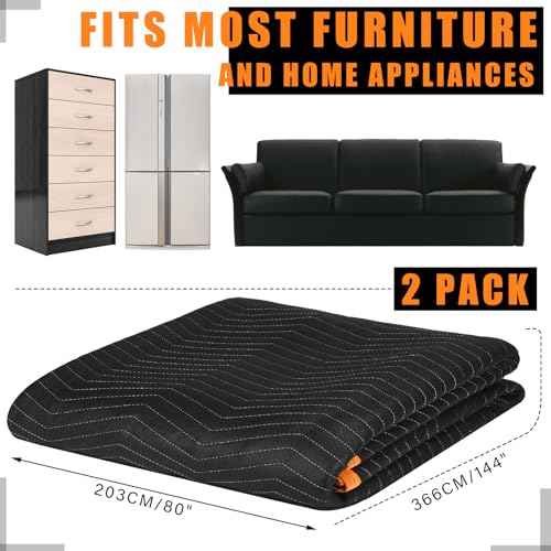 Aliceset 2 Pcs 80 x 144'' Extra Large Moving Blankets Heavy Duty Packing Blankets Quilted Shipping Furniture and Storage Pads Thick Furniture Pads for Wrapping Moving Protecting Supplies, Black