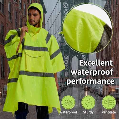 SRsafety Hi Vis Rain Poncho,High Visibility Rain Ponchos for Adults with Pocket,Safety Rain Jacket Stowable Conjoined Cap