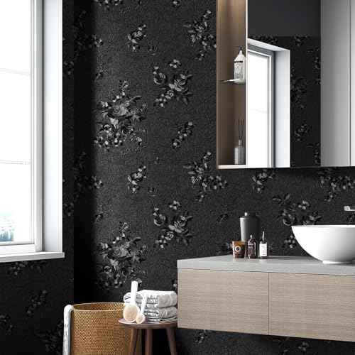 Black Wallpaper Peel and Stick Contact Paper 17.3in x 118.1in Floral Embossed Removable Wallpaper Self-Adhesive Thicken Vinyl Waterproof Flower Textured Bedroom Living Room Wall Paper