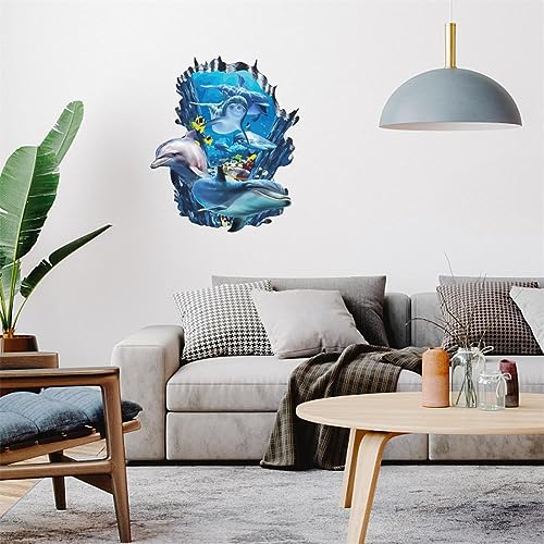 PLIGREAT 3D Broken Wall Undersea Ocean World Dolphins Wall Stickers, Removable Vinyl Peel and Stick Walls Decals for Teens Bedroom Dorm Room Home Decoration Beach House Apartment Indoor Art Decor