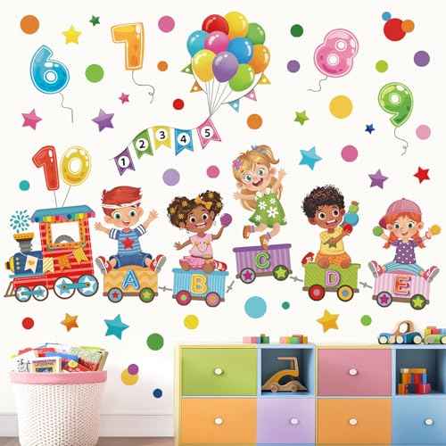 wondever Reading Corner Kids Train Wall Stickers Balloon Number Alphabet Peel and Stick Wall Art Decals for Toddlers Kids Room Classroom Playroom