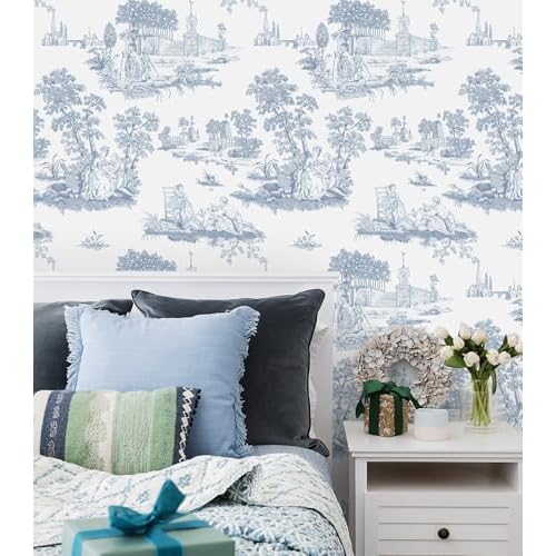 Hopepak Vintage Peel and Stick Wallpaper Blue Toile Wall Paper Self Adhesive Removable French Contact Paper Waterproof Wallpapers for Bedroom Bathroom Living Room 17.3''x118''