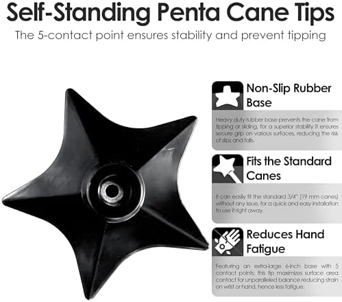 Superstar Self Standing Cane Tip has Non-Slip Heavy Duty Rubber Base to Prevent Slip, Cane Tips 3/4 inch Heavy Duty Replacement, 6-Inch Star Design for Superior Traction & Balance for Seniors