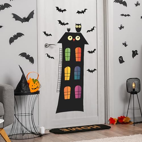 Spooky Halloween Door Stickers 24x35.4 inch Removable Black Owl Bats Decal Haunted House Decor for Front Door Kids Room Instant Spooky Season Decor