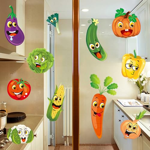 Cartoon Kitchen Vegetable Wall Stickers DIY Green Vegetables Onion Pumpkin Fruit Wall Decals Art Refrigerator Door Stickers for Kitchen Window Restaurant Fridge Dining Room Decor