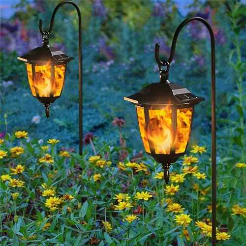 Dynaming 6 Pack Solar Flame Hanging Lights Outdoor, Halloween Solar Flickering Flame LED Garden Lanterns with 6 x 38 Inch Shepherd Hooks, Christmas Lighting for Lawn Patio Yard Pathway Driveway