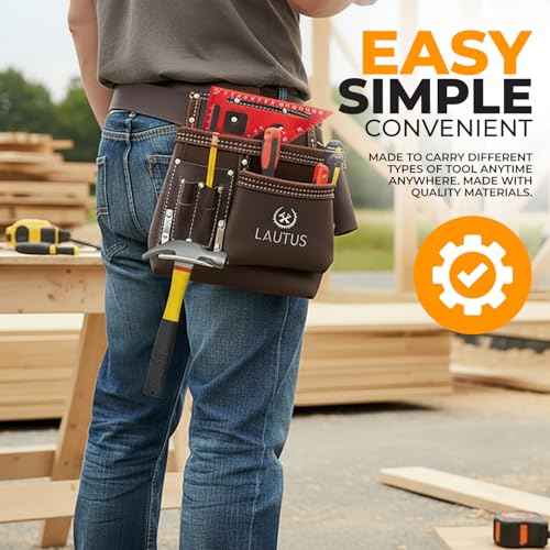 LAUTUS 5 Pocket Oil Tanned Leather Tool Belt - Multifunctional Tool Pouch/Bag/Apron Carpenter, Construction, Framers, Handyman, Electrician | 30-Inch to 46-Inch | Brown| Hammer Holder| Built Tough|