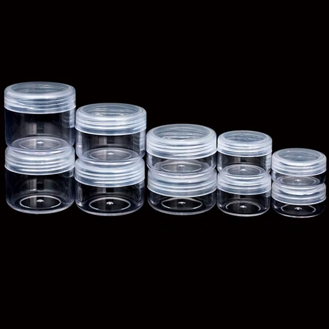 10pcs Small Travel Containers, Clear Sample Containers with Screw Lids, 5 Size 3/5/10/15/20 Gram Sample Jars with 12pcs Labels and 2pcs Mini Disposable Spatula, Makeup Sample Containers BPA Free