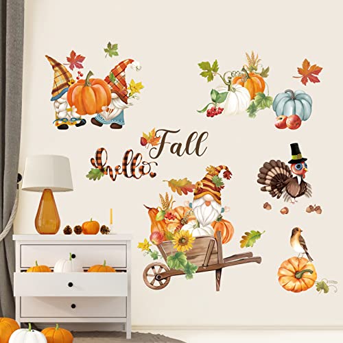 decalmile Fall Maple Leaf Wall Decals Thanksgiving Pumpkin Gnome Turkey Wall Stickers Kitchen Dining Room Party Autumn Home Decor