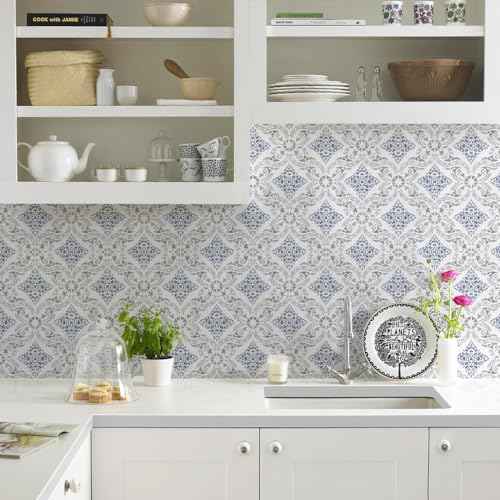 Peel and Stick Wallpaper Blue Boho Wallpaper for Bathroom Contact Paper Blue Self Adhesive Wall Paper Peel and Stick Vintage Removable Kitchen Backsplash Waterproof Vinyl 16.9in x 118.1in