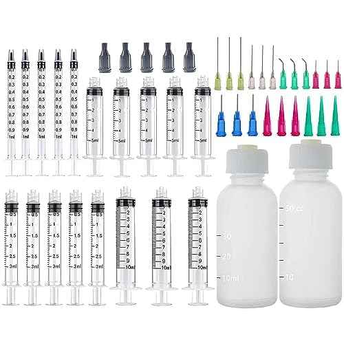 20 Pack Measuring Dispenser and 30ml+50ml Glue Bottle, 1ml, 3ml, 5ml, 10ml Glue Dispenser, 14ga, 16ga, 18ga, 20ga, 22ga, 25ga Dispensing Accessories and Caps, for Refilling and Measuring