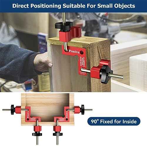 Preciva 90 Degree Mini Positioning Squares 2 Sets (2.32''x 2.32''), Aluminum Alloy Right Angle Clamps Fixing Clamp, Carpenter Corner Clamping Square Tool for Picture Frame Box Cabinets Drawers (Red)