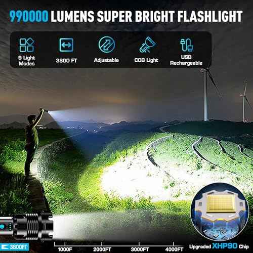 ANKRA 90000 High Lumens Flashlights Rechargeable with COB Work Light Super Bright LED Flashlight Zoomable&14 Modes &Waterproof Tactical Flashlight for Emergencies,Camping,Hiking,Outdoor,Indoor