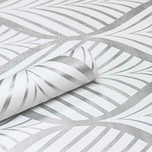 Silver & White Leaves Peel and Stick Wallpaper Texture Contact Paper Self Adhesive Leaf Stick on Removable Vinyl Roll for Home Decorative 17.7''x118''
