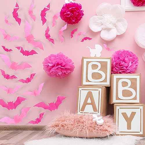 Whaline 112Pcs Halloween Wall Decoration 3D Bats with Foam Adhesive Pink and Rose Red Waterproof Spooky Bats Stickers Hocus Pocus Party Supplies for Halloween Home Wall Window Door Decor, 4 Sizes