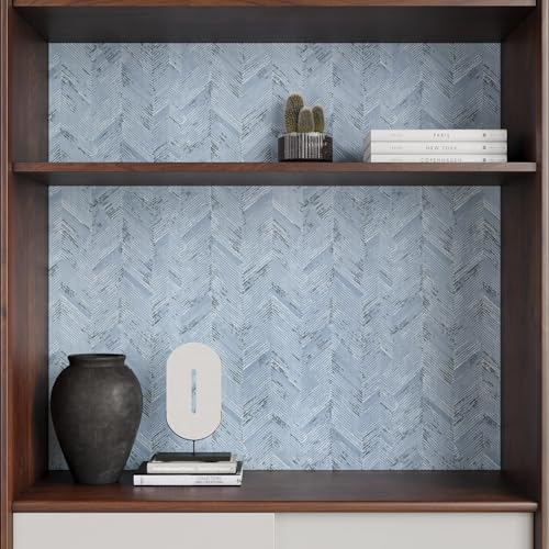 VaryPaper Light Blue Grasscloth Peel and Stick Wallpaper Herringbone Fabric Wallpaper Waterproof Self Adhesive Grass Cloth Contact Paper Removable Vinyl Wall Paper for Bedroom Cabinets 15.7''x78.7''