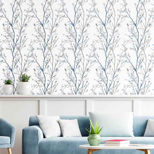 Mecpar Gray Blue Tree Branches Peel and Stick Wallpaper 17.71" x 78.7" Natural Wall Paper Modern Tree Branch Contact Paper Removable Wallpaper Self-Adhesive Vinyl for Furniture Crafts Walls