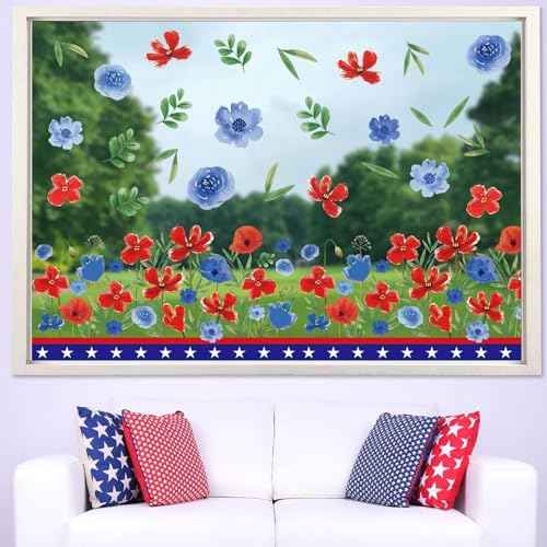 Chunnin 9 Sheets 4th of July Window Clings Summer Patriotic Floral Window Decoration Party Supplies Wild Flower Stickers Independence Day Fourth of July Red Blue Memorial Day Poppy Double Sided Decal