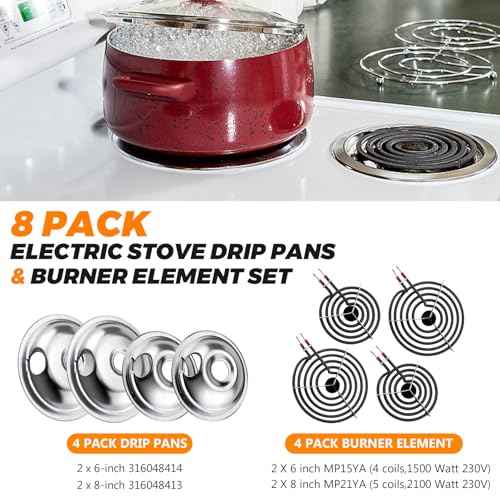 316048413 316048414 Chrome Stove Burner Drip Pans and MP22YA Electric Range Burner Element Set MP15YA(6") MP21YA(8") by Blutoget - Fit for Frigidaire Ken-more Cro-sley Tap-pan Electric Range Stove