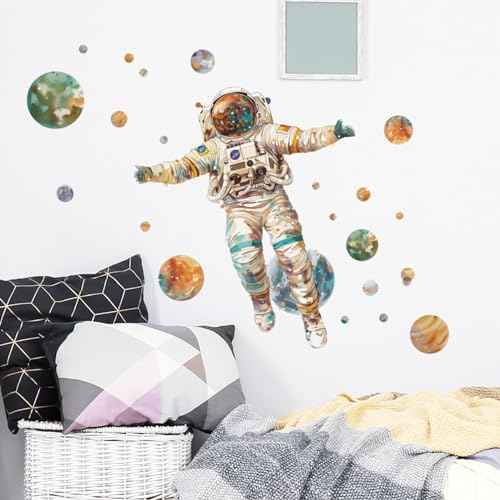 Astronaut Wall Stickers Large Cartoon Spaceman Outer Planet Wall Decals Creative DIY Art Vinyl Removable Art Decor for Kids Bedroom Playroom Living Room
