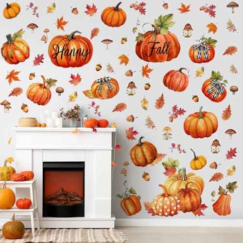 Eersida 6 Sheets 89 Pcs Thanksgiving Wall Decals Fall Oil Painting Pumpkin Wall Decals Maple Leaves Stickers for Thanksgiving Glass Autumn Home Decor and Fall Decoration Kitchen Living Room