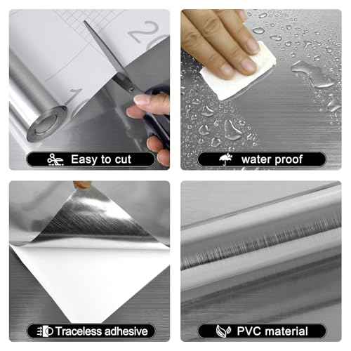 Stainless Steel Contact Paper Peel and Stick Countertop Silver Metallic Refrigerator Wrap Contact Paper DIY Waterproof Wallpaper for Kitchen Backsplash Dishwasher Cabinets 11.8"x80"
