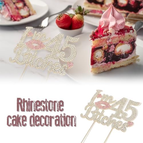 I'm 45th Birthday Funny Gold & Pink Rhinestone Cake Topper - Happy 45th Birthday Cheers to 45 Years Old Bday Party Metal Sparkly Food Centerpieces Topper Decorations Sign.