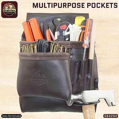 Graintex OS2202 5 Pocket Left Handed Oil Tanned Leather Nail & Tool Pouch Dark Brown Color for Constructor/Electrician/Plumber