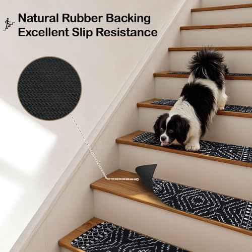 OJIA Boho Stair Treads Non-Slip Stair Runners for Wooden Steps Indoor 15PCS 30"x8" Washable Carpet Stair Treads Stair Mats Staircase Step Treads for Kids, Elders and Dogs, Stair Covers, Black
