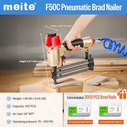meite F50C Pneumatic Brad Nailer with 2000pcs Nails (1-1/4", 2"), Air 18 Gauge Brad Nailer Small Finish Nail Gun for Trim Work, Fires 18 Gauge Brad Nails 5/8 Inch to 2 Inch