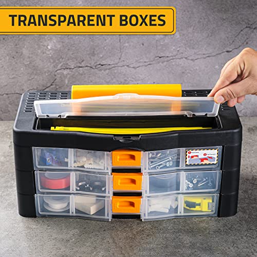 CANOPUS Craft Organizer with Drawers, 15-in Modular Drawer Case, Storage Organizer with Transparent Drawers, Portable Plastic Tool Box for Small Tools, Crafts, Screws, Bolts, Hardware and Small Parts