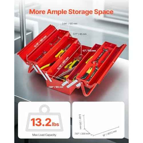 VEVOR Metal Tool Box, 18-inch, 3-Tier 5-Tray Portable Folding Tool Chest Organizer with Handle & Lock Hole, Powder Coated Steel, Cantilever Toolbox for Household Factory Warehouse Repair Shop, Red