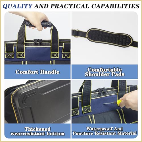 20 Inch Heavy duty tool bag, multifunctional tool bag organizer, waterproof and wear-resistant base with large double zipper and adjustable shoulder strap, gift for Father's Day and Men,blue