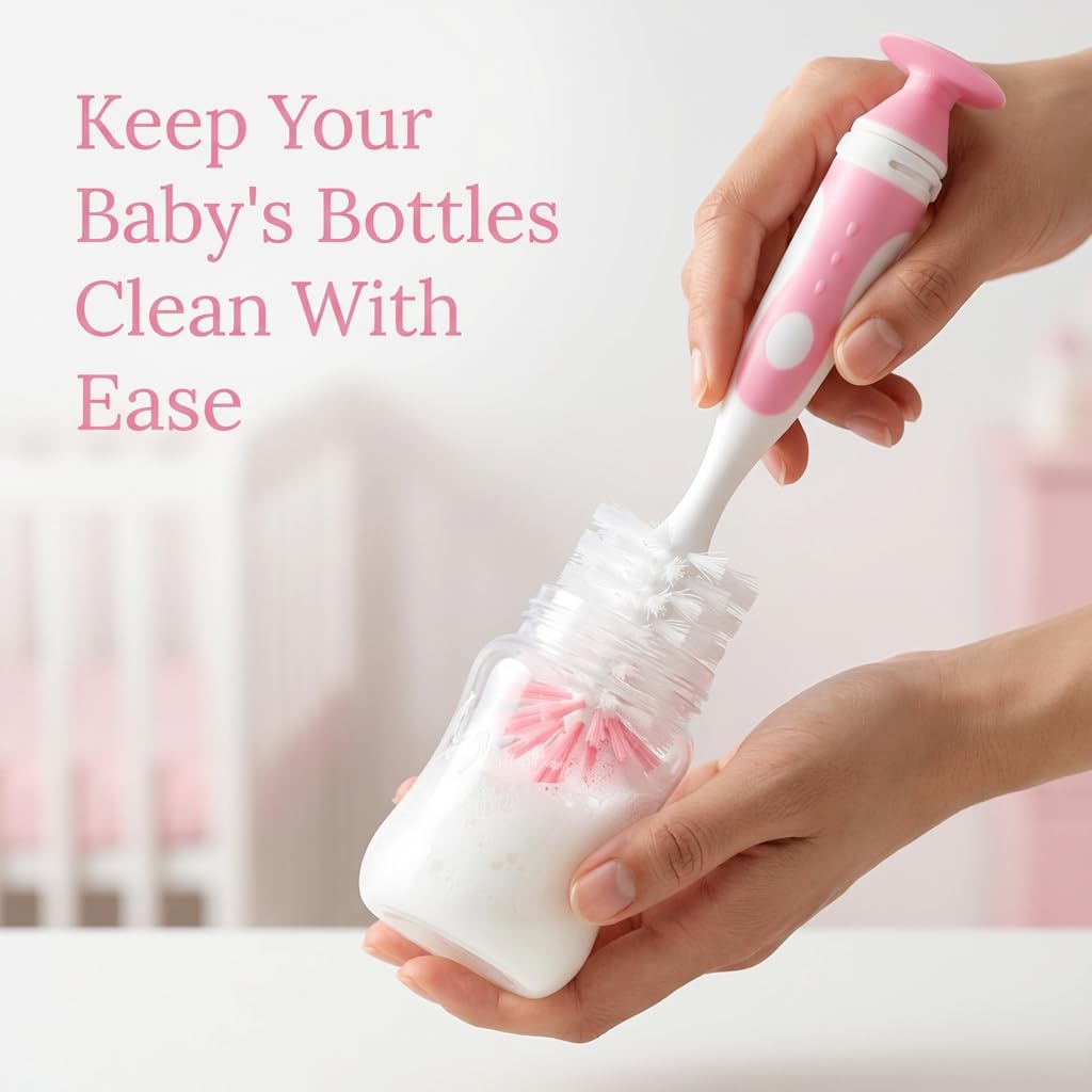 Ariseno 5-in-1 Baby Bottle Brush Set, Including Nylon and Silicone Bottle Brush, Cap, Straw, Nipple Brushes, BPA-Free (Pink)