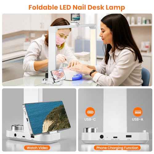 Nail Light for Desk,34 Inch 48W Half Moon Light-Adjustable 3000K-6000K Color Temp, 0-100% Brightness,Nails lamp with Phone Stand,for Nails Art,Tattoo,Eyebrow,Beauty,Reading,Salon